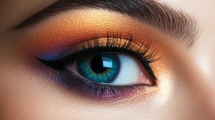Fototapeta premium The model showcases an artistic eye makeup design with bold orange and purple shades, highlighted by shimmering gold, enhancing her striking blue eye.