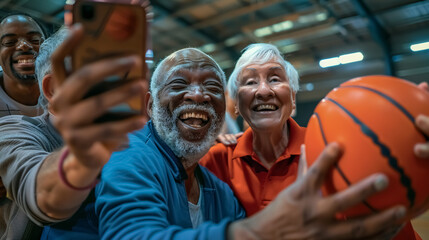 Diverse group of seniors taking a selfie on a smartphone after playing basketball