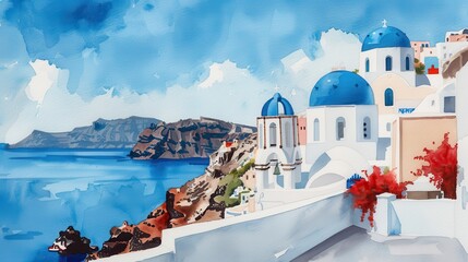 Watercolor Illustration of Santorini with Blue Domes and Sea View