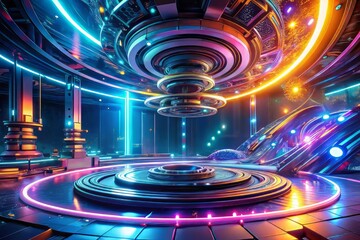 neon futuristic circuitscape microcosm gleaming metallic robotic fragments swirling vortex