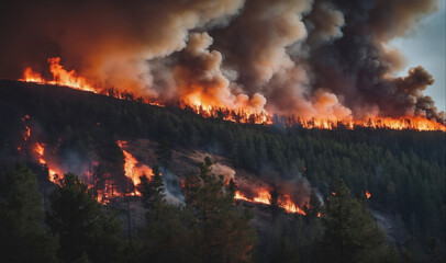 Thick plumes of smoke billow from a wildfire burning through a forest