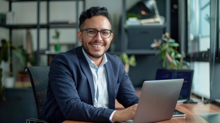 Happy professional businessman company employee Working on technology, laptop computer, looking at camera, working in office, sitting at table