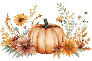 Lively fall flowers and foliage surround a pumpkin in this charming watercolor piece, ideal for harvest themes.