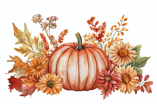 Lively fall flowers and foliage surround a pumpkin in this charming watercolor piece, ideal for harvest themes.