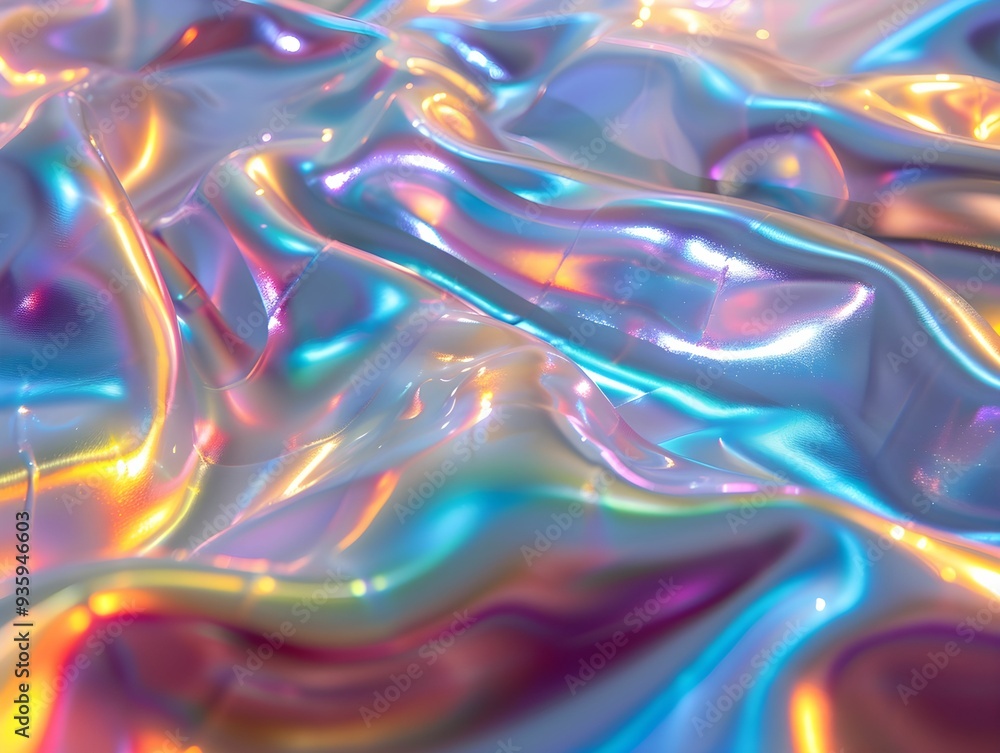 Poster colorful reflective surface creating a vibrant visual texture in soft undulating waves during ambien