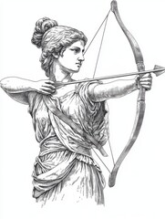 Black and white Vintage engraved art of a detailed half-body portrait statue of Artemis with a bow, isolated on white background, ink sketch illustration, simple vector art design, highly detailed