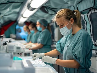 Healthcare professionals working diligently in a mobile medical unit during a community service event