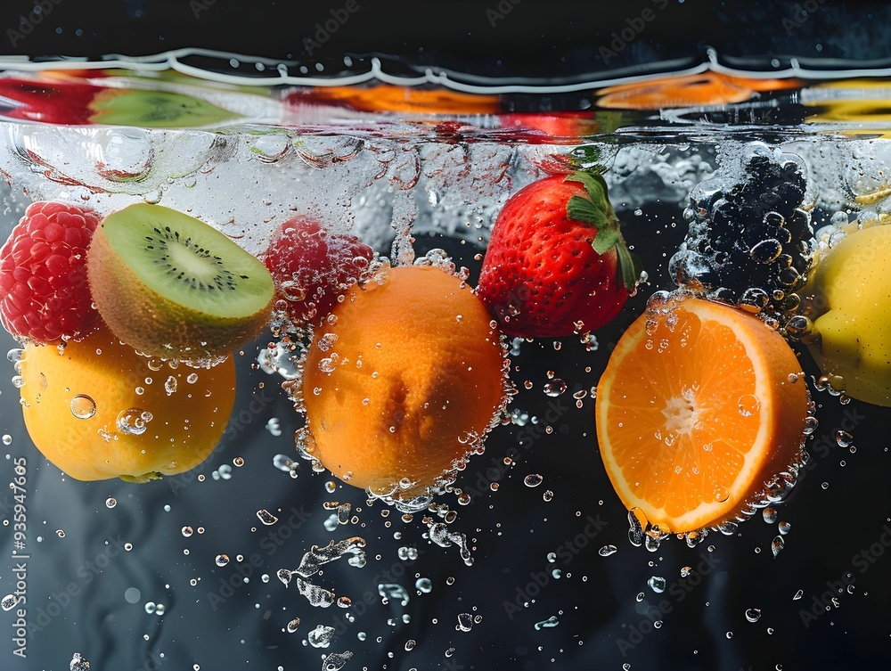 Poster assorted fruits splashing into clear water creating bubbles and ripples in a vibrant setting