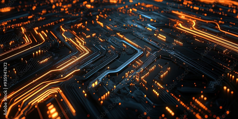Poster abstract hi-tech look with curved and circuit patterns on black background