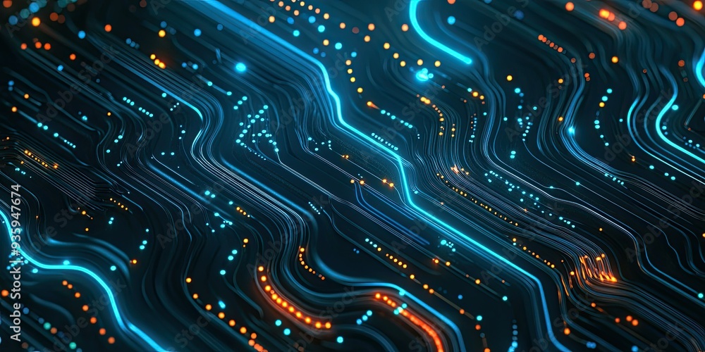 Poster abstract hi-tech look with curved and circuit patterns on black background