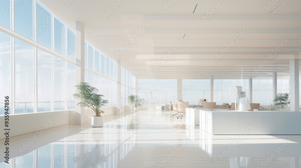 Poster this modern office features expansive windows allowing natural light to flood the space. the design 