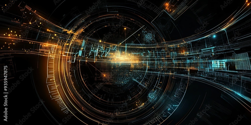 Poster abstract hi-tech look with curved and circuit patterns on black background