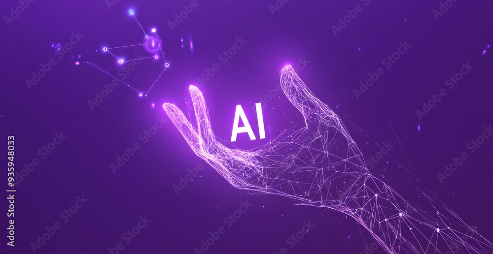 Poster artificial intelligence concept with futuristic polygonal hand on purple background with ai text