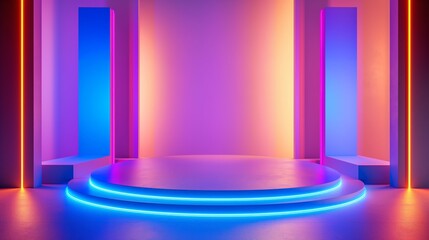 An empty podium with neon lights positioned at the edges, creating a bright and modern look