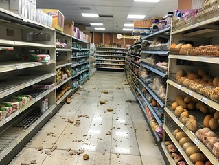 Food items scattered across the grocery store aisle after an unexpected event, highlighting a disorganized shopping environment