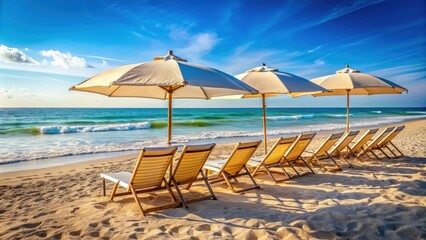 Fototapeta premium Beach chairs and umbrella on sandy beach overlooking ocean, beach, chairs, umbrella, sand, relaxation, vacation, tropical, paradise