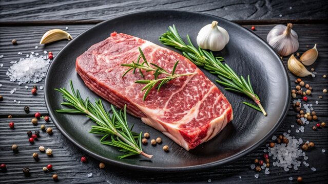 Raw marbled steak on a black plate garnished with fresh rosemary, garlic, and peppercorns, highlighting premium beef cuts, gourmet cooking, and culinary preparation for a delicious meal.
- Powered by Adobe