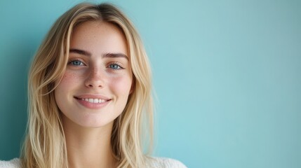 Naklejka premium Young woman smiling against a solid blue wall in a bright and cheerful setting during the day