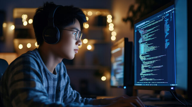 Asian kid boy using computer for gaming or coding seriously.
