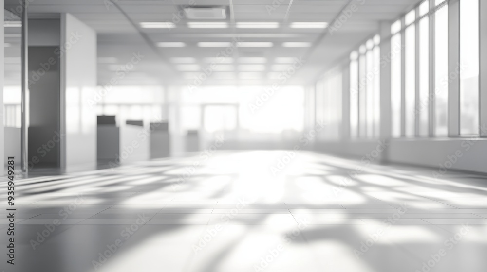 Poster a well-lit and spacious office environment showcases bright sunlight filtering through expansive win