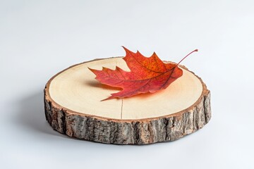 wooden slice with an autumn leaf on a white background, a mockup template for product presentation. 