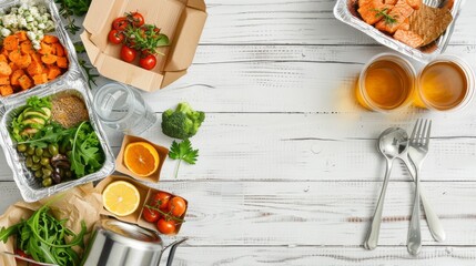 A variety of healthy takeout meals laid out on a wooden table, featuring fresh vegetables, grilled salmon, and refreshing drinks, perfect for a nutritious lunch