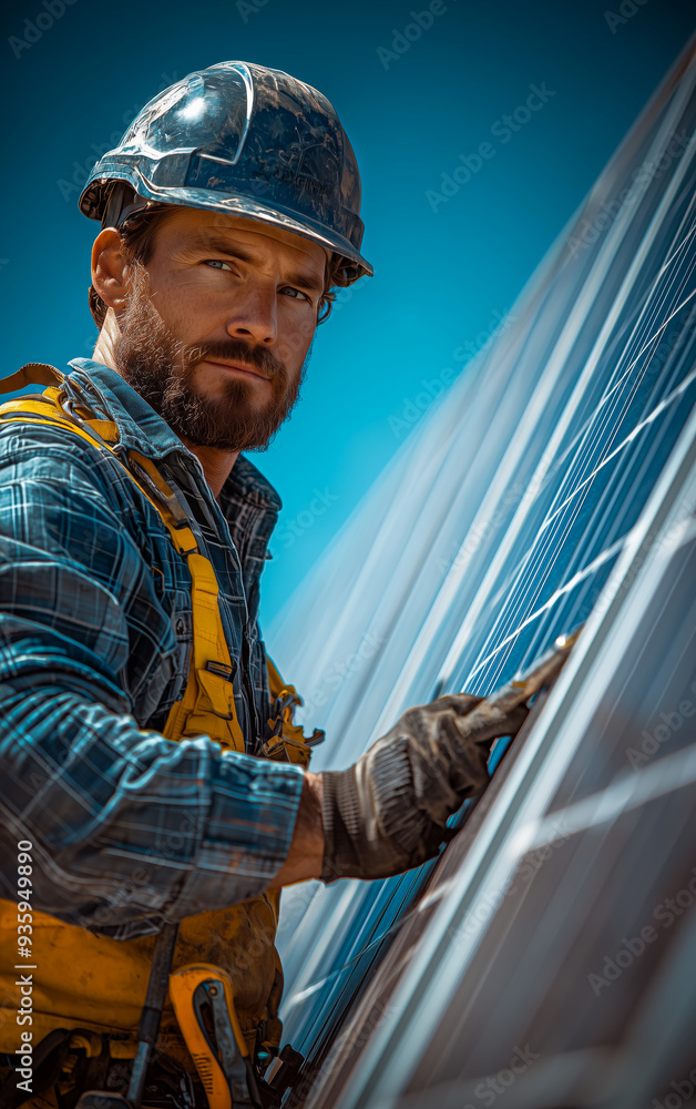 Wall mural man installing solar panels on a rooftop under a clear sky. a worker focused on installing solar pan