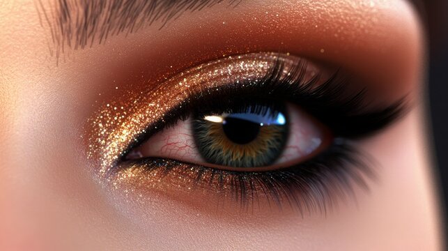A detailed view showcases beautifully applied eye makeup with golden shimmer, enhancing the green iris and accentuating the long eyelashes.