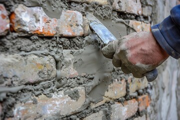 Masonry: Bricklayer Men at Work Installing Cement Layers with Trowel on Exterior Wall