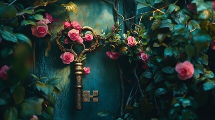 An ornate key rests against a vibrant door adorned with lush roses. This image captures a magical and enchanting atmosphere, perfect for fantasy themes. It conveys mystery. AI