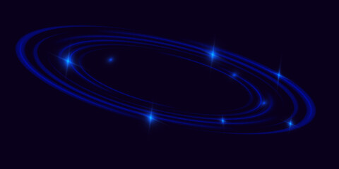 Rounded neon line with light effect. Energy flow tunnel. Blue portal, platform. Night road speed illustration.