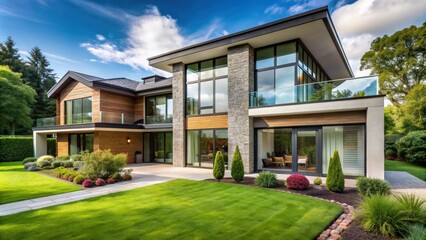 Obraz premium Beautiful modern house with large windows and green landscaping, home, architecture, residential, design