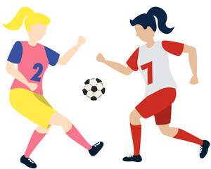 Soccer players kicking ball characters two girl, flat cartoon vector illustration isolated on white background. Soccer or football game players collection.
