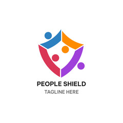 People shield logo template in flat style. Diverse people vector illustration