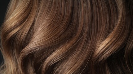 Fototapeta premium Wavy brown hair glimmers with highlights, cascading softly against a contrasting dark backdrop.