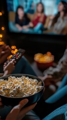 Friends gather in a cozy living room for a movie night filled with laughter, popcorn, and great company as they relax and enjoy films