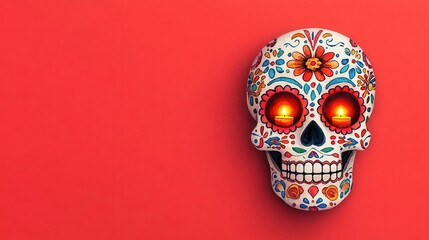 Colorful decorative skull with vivid patterns and glowing eyes, set against a bright red background for festive occasions.