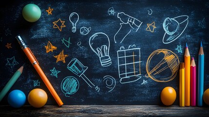 Chalkboard texture backdrop for Teacher Appreciation Day with bright, colorful doodles of educational tools.