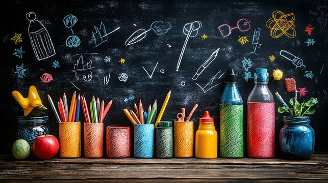 Chalkboard texture backdrop for Teacher Appreciation Day with bright, colorful doodles of educational tools.