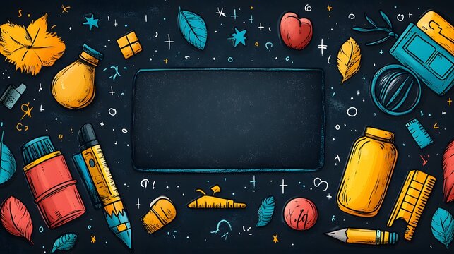 Teacher Appreciation Day visual with a chalkboard background adorned with vivid school supply doodles.
