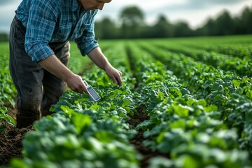 Farmer inspecting healthy green crops in a sunny field during the growing season