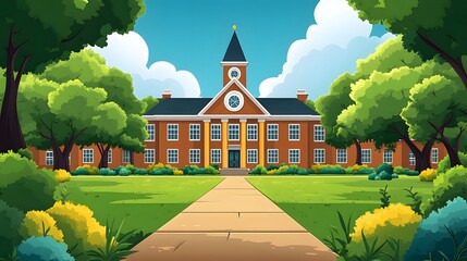 Back to school design featuring a school building and campus elements in animated vector style.
