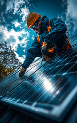 Worker installs solar panels on a rooftop under a bright sky. A technician carefully installs solar panels on a rooftop while surrounded by trees and a vibrant blue sky during the day.