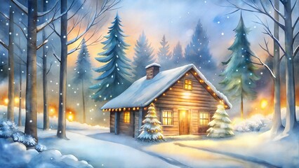 Illuminated Cabin in a Snowy Forest at Dusk in Watercolor Style