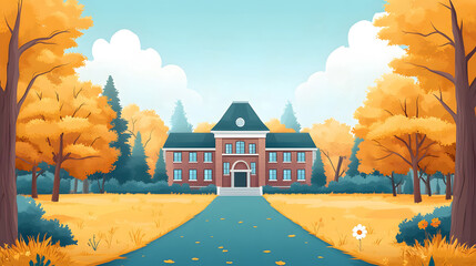 Animated vector illustration of a school campus with elements for Teacher Day and back to school.