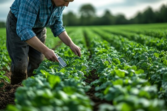 Farmer inspecting healthy green crops in a sunny field during the growing season