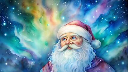 Santa Claus with Northern Lights in a Starry Sky in Watercolor Style