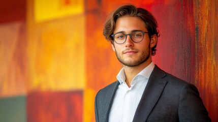 Young professional posing confidently against colorful background