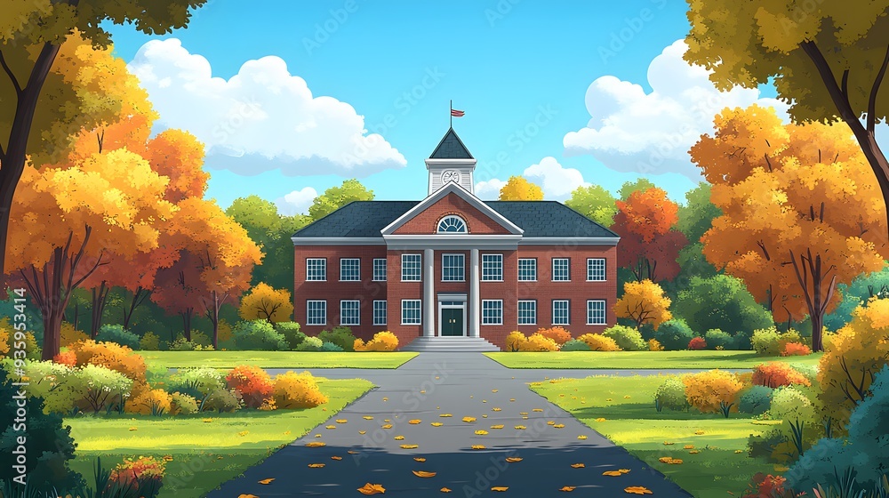 Wall mural back to school scene with school building and campus elements in animated vector style for teacher d