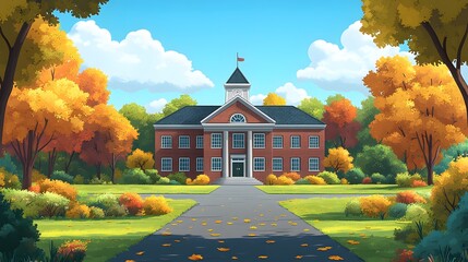 Back to school scene with school building and campus elements in animated vector style for Teacher Day.